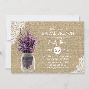 Rustic Lavender Floral Jar Burlap Bridal Shower Invitations