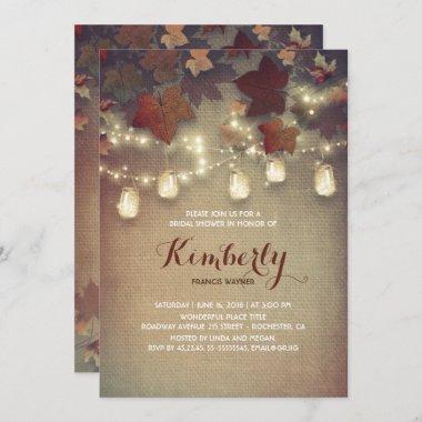 Rustic Leaf Mason Jars Lights Fall Bridal Shower Invitations
