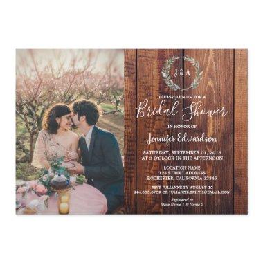 Rustic leaves on wood monogram photo Bridal Shower Invitations