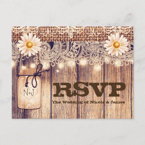 Rustic Lighted Mason Jars Daisies & Lace RSVP Invitation PostInvitations