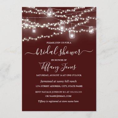 Rustic Lights Burgundy Bridal Shower Invitations