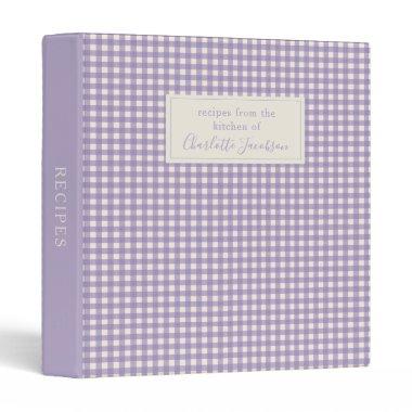 Rustic Lilac Gingham Plaid Monogram Recipe 3 Ring Binder