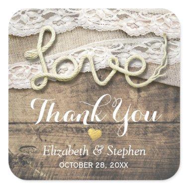 Rustic Love Rope Burlap Lace Wedding Thank You Square Sticker