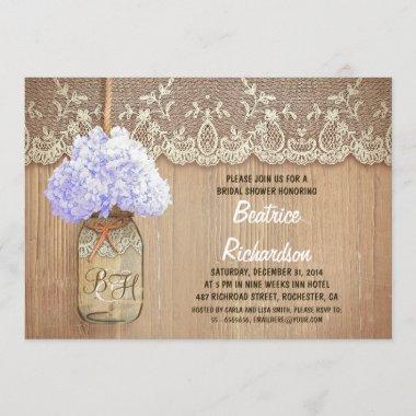 rustic mason jar blue hydrangea bridal shower Invitations
