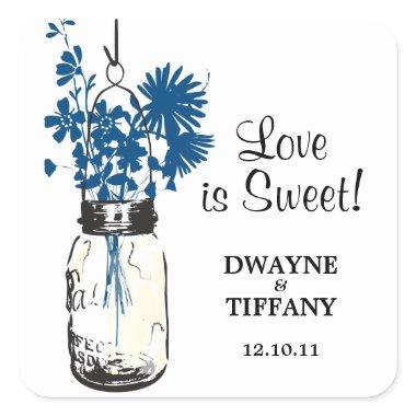 Rustic Mason Jar & Blue Wildflowers Square Sticker