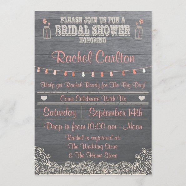 Rustic Mason Jar Bridal Shower Invitations Coral