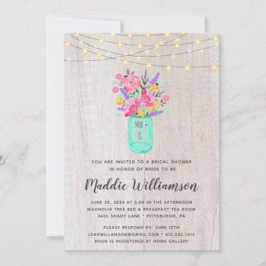 Rustic Mason Jar Floral Lights Bridal Shower Invitations
