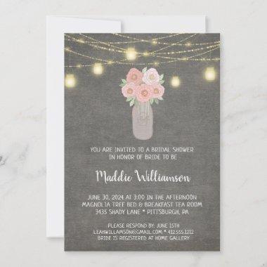 Rustic Mason Jar Floral Lights Bridal Shower Invitations