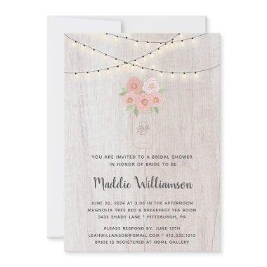 Rustic Mason Jar Floral Lights Photo Bridal Shower Invitations