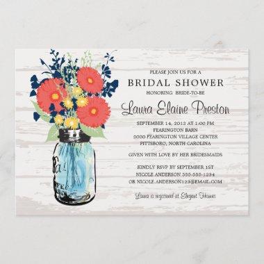Rustic Mason Jar Gerber Daisies Bridal Shower Invitations