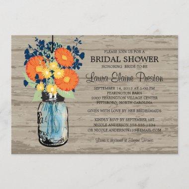Rustic Mason Jar Gerber Daisies Bridal Shower Invitations
