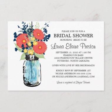 Rustic Mason Jar Gerbera Daisies Bridal Shower Invitations