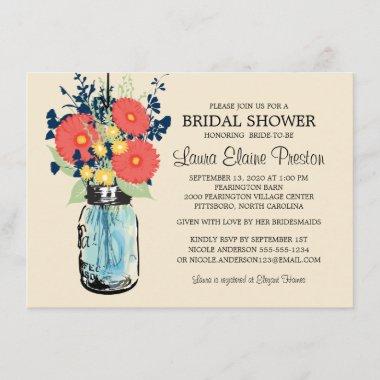 Rustic Mason Jar Gerbera Daisies Bridal Shower Invitations