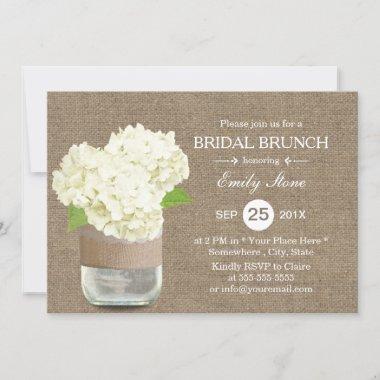 Rustic Mason Jar & Hydrangea Burlap Bridal Brunch Invitations