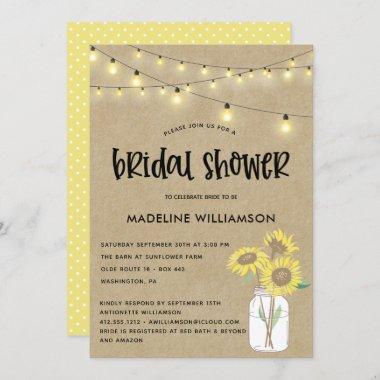 Rustic Mason Jar Kraft Lights Bridal Shower Invitations