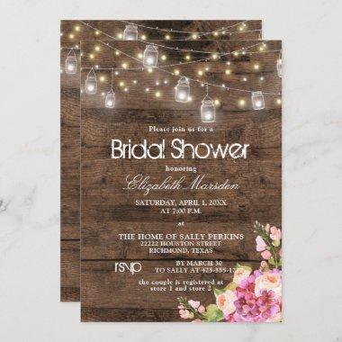Rustic Mason Jar Lights Blush Floral Bridal Shower Invitations