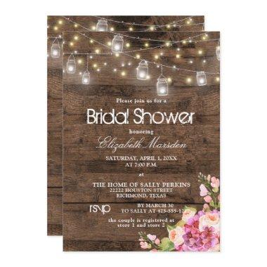 Rustic Mason Jar Lights Blush Floral Bridal Shower Invitations