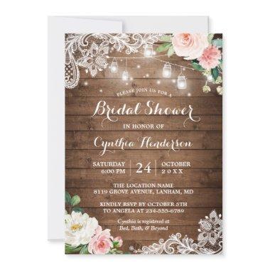 Rustic Mason Jar Lights Lace Floral Bridal Shower Invitations