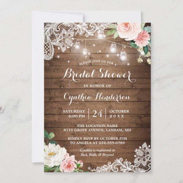 Rustic Mason Jar Lights Lace Floral Bridal Shower Invitations