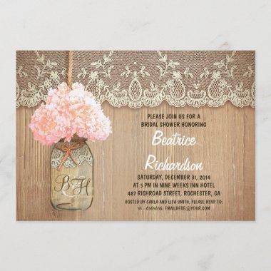 rustic mason jar pink hydrangea bridal shower Invitations