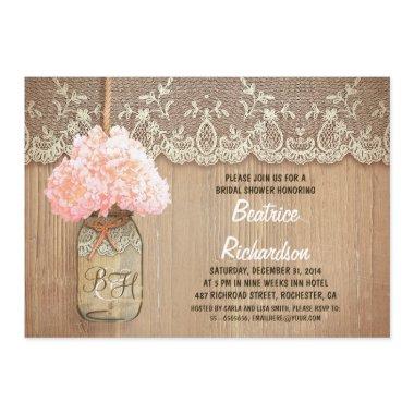 rustic mason jar pink hydrangea bridal shower Invitations