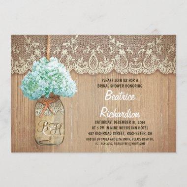 rustic mason jar turquoise hydrangea bridal shower Invitations