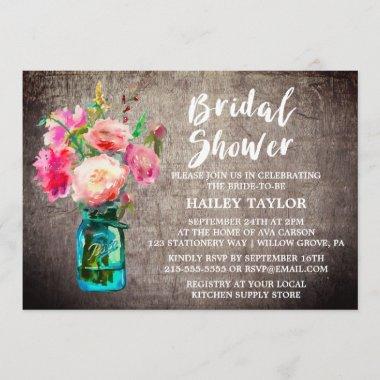 Rustic Mason Jar with Flower Bouquet Bridal Shower Invitations