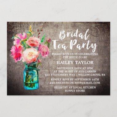 Rustic Mason Jar with Flowers Bridal Tea Party Invitations