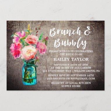Rustic Mason Jar with Flowers Brunch and Bubbly Invitations