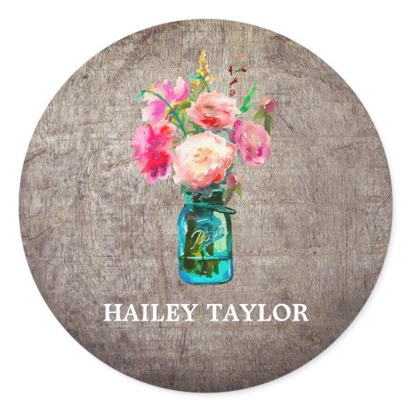 Rustic Mason Jar with Flowers Name Classic Round Sticker