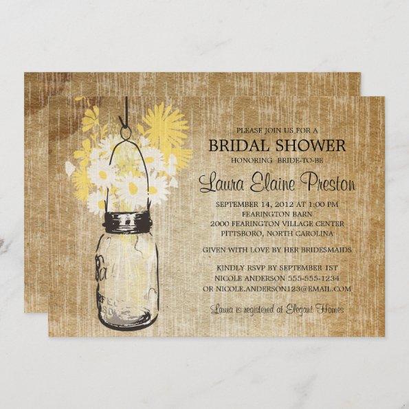 Rustic Mason Jar Yellow Floral Bridal Shower Invitations