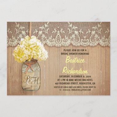 rustic mason jar yellow hydrangea bridal shower Invitations