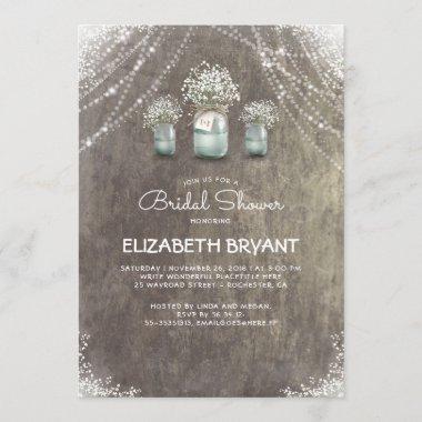 Rustic Mason Jars Baby's Breath Bridal Shower Invitations