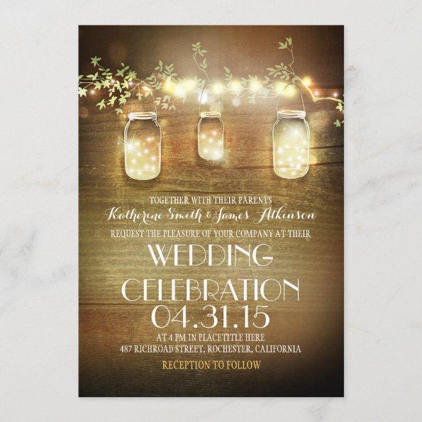 Rustic Mason Jars String Lights Elegant Wedding Invitations