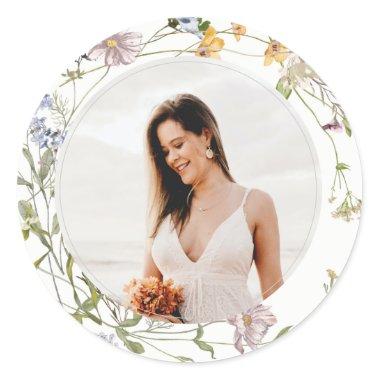 Rustic Meadow Floral Wreath Photo Bridal Shower Classic Round Sticker