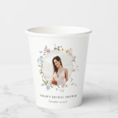 Rustic Meadow Floral Wreath Photo Bridal Shower Paper Cups
