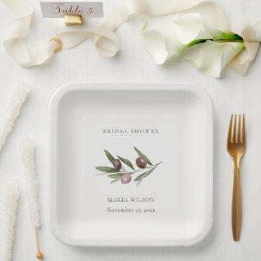 Rustic Minimal Olive Branch Foliage Bridal Shower Paper Plates