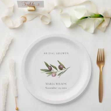 Rustic Minimal Olive Branch Foliage Bridal Shower Paper Plates