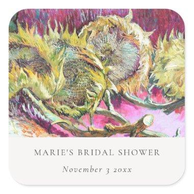Rustic Minimal Pink Yellow Sunflower Bridal Shower Square Sticker