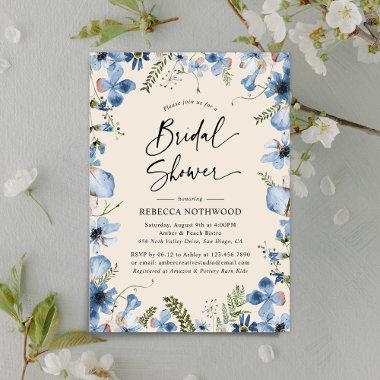 Rustic Minimalist Dusky Blue Florals Bridal Shower Invitations