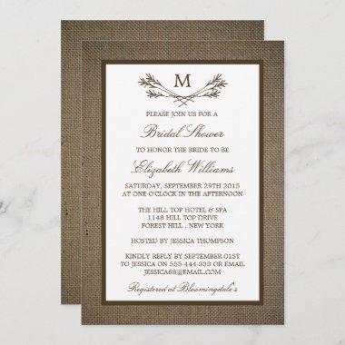 Rustic Monogram Branch On Burlap Bridal Shower Invitations