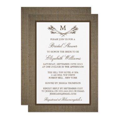 Rustic Monogram Branch On Burlap Bridal Shower Invitations