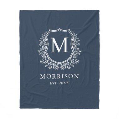 Rustic Monogram Navy Blue Crest Newlywed Wedding Fleece Blanket