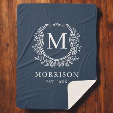 Rustic Monogram Navy Blue Crest Newlywed Wedding Sherpa Blanket