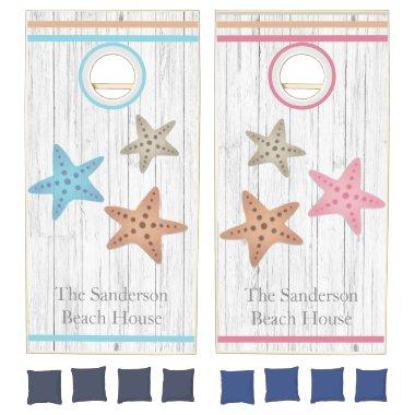 Rustic Nautical Pink Blue Starfish his her team Cornhole Set