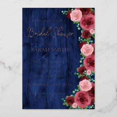 Rustic Navy Blue Burgundy Bridal Shower Rose Gold Foil Invitations