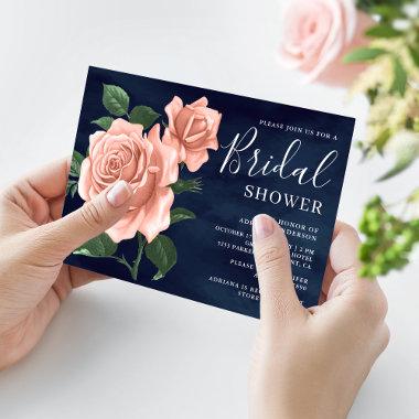 Rustic Navy Blue Dusty Peach Roses Bridal Shower Invitations