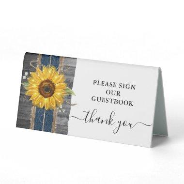 Rustic Navy Blue Lace Sunflower Guest Book Wedding Table Tent Sign