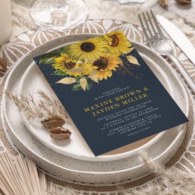 Rustic Navy Blue Sunflower & Gold Confetti Wedding Invitations
