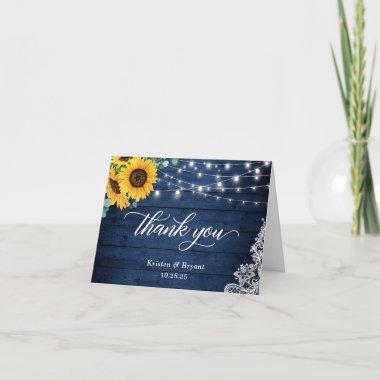 Rustic Navy Blue Sunflower String Lights Lace Thank You Invitations